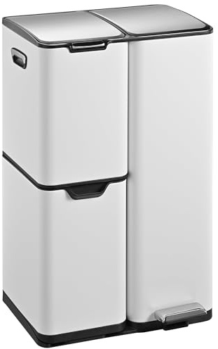 KITCHEN MOVE Poubelle de cuisine à pédale tri sélectif recyclage 60L(13+17+30L) HAJA en acier Inox Blanc avec seau