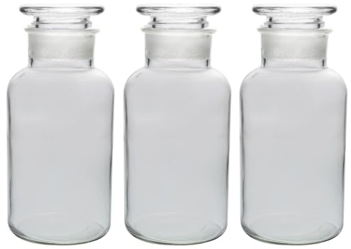 UNIQUE HOME LIVING UHL Apothecary Jar Set of 3 Reagent Bottles, 500ml Clear Glass Storage Jars with Lid, Vintage Reusable Container Refillable Bottles for Essential Oils, Bath Salts, Lotion, Perfume