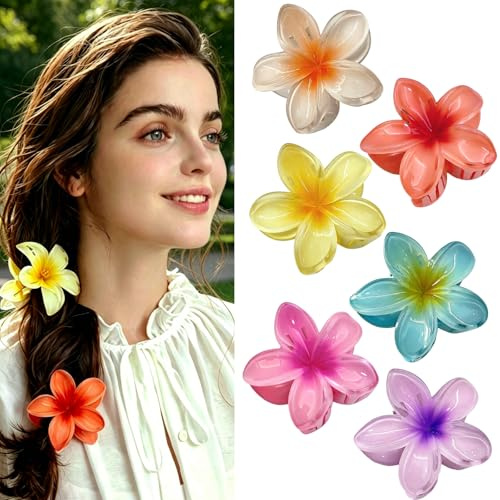 Paquete de 6 Pinzas de Flores para Mujer, 6 Colores Pelo Flor Hawaiana Pinzas, Antideslizantes Plástico Cabello de Piezas Hair Accessories, para Cabello Grueso Largo Fino y Rizado Mujeres Niñas