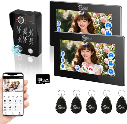 4-Wired Video Intercom System for Apartment,7 Inch Touch Monitor with 1080P Doorbell Doorphone Kit,Supports Fingerprint,RFID Card,Password for Home Villa,TUYA 32G (Black(2 Monitor))