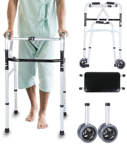 ISOISL promenadstöd för vuxna, vikbar gångram, dubbla hjul | Aluminiumram, justerbar höjd 76–90 cm, 180 kg lastbar, lägenhet och rådjur, dubbelfunktion, sittdyna och väska