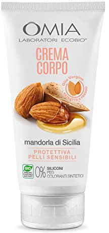 Omia Kräuter-Körpercreme mit sizilianischem Mandelöl, gut für empfindliche und empfindliche Haut, feuchtigkeitsspendend, verleiht Glanz und Elastizität, dermatologisch getestet, 200 ml