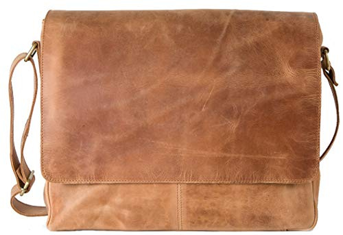 HOLZRICHTER Berlin - Premium Umhängetasche (M) aus Leder - Handgefertigte Messenger Bag im Vintage Design - Ledertasche für Herren und Damen