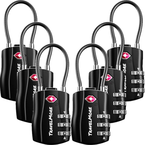 TSA-Kofferschlösser | Gepäckschlöss mit flexiblem Kabel | TSA-Schlöss für Flugreisen | Schlösser für Koffer, Rucksäcke, Gepäck | 6er-Pack, Schwarz