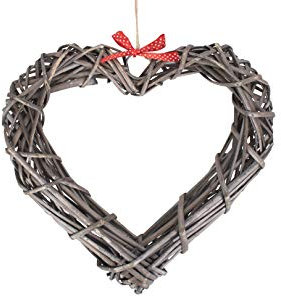 Antique Wash Willow Wide Heart Wreath With Red Spotty Ribbon 25cm Diameter