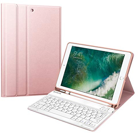 FINTIE Tastatur Hülle für iPad 9.7 2018/2017 (5./6. Generation), Air 2/1 | Soft TPU Rückseite Gehäuse mit Stifthalter, magnetisch Abnehmbarer Bluetooth Tastatur (QWERTZ Layout), Roségold