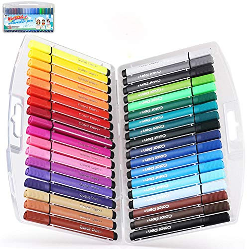 KXF Washable Felt Tip Colouring Pens Set for Children Non-toxic Thick Fibre Tip Chunky Pens with Case Box for Colouring Book Drawing Gift - 36 Assorted Colours - Ages 3 Years Plus