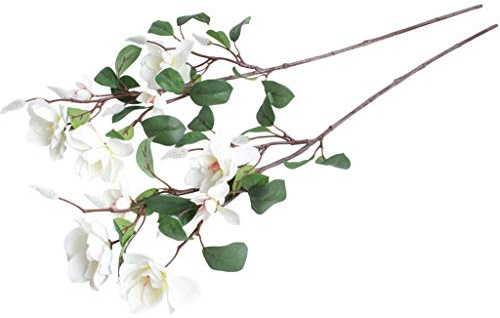 Fiebiger künstlicher Magnolienzweig mit Blüten, Knospen und grünen Blättern (Creme-weiß)