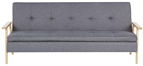 Beliani 3-Sitzer Sofa Stoff grau gesteppt mit Schlaffunktion Armlehnen Hellbraun Tjorn