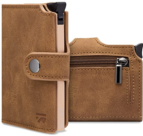 BEWMER v2 Kartenetui mit RFID-Schutz & Anti-Cloning - Damen & Herren Geldbörse mit Münzfach & Platz für 9 Kreditkarten | Kunstleder Portemonnaie Herren & Damen mit Clipverschluss | Hellbraun-Beige