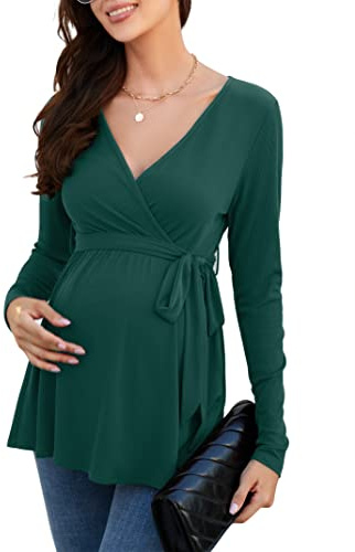 KOJOOIN Camicia da Allattamento da Donna Camicia Premaman con Scollo a V a Maniche Lunghe Top da Allattamento con Cintura Moda Premaman Verde Scuro (Manica Lunga) M