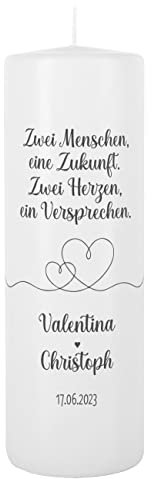 Herz & Heim® Hochzeitskerze mit sommerlichen Motiven oder Sprüchen, mit Wunschnamen und -datum Zwei Herzen, ein Versprechen