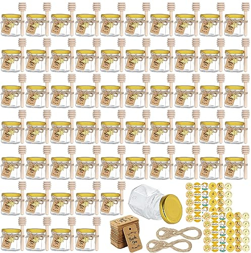 CRTWDMAN 60 Pack Mini Honey Jars/Pot Metal Lids,1.5 oz Glass,Wooden Dippers,Bee Charms,Jutes,Stickers,Small,Tiny, Baby Shower Wedding Party Favors