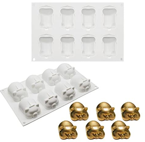 Französische Mousse-Kuchenformen aus Silikon, 3D-Backformen, DIY-Schokoladenseifen- und Kerzenform, 8 Löcher kleines goldenes Schwein
