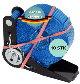 AWOTEX 10 x Zurrgurt 1-teilig mit Hobby-Ratsche 4,5 m I Spanngurte mit Ratsche I Gurte zum Befestigen I Blauer Spanngurt mit Sicherheitsetikett I Bandbreite 25 mm I Zurrgurte mit Ratsche