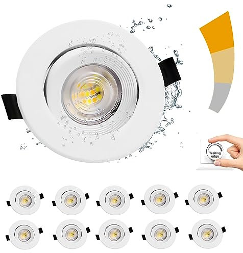 LED Einbaustrahler 230V, 10 Stück Dimmbar 7W IP44 Bad Einbauleuchten Deckenspots Deckenstrahler, 45° Schwenkbar Deckeneinbauleuchte 3 Stufe Dimmbar 3000K/4000K/6500K Einbauspots für Badezimmer Küche