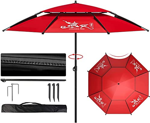 LUVADU ZCX Großer Angelschirm Runder Angelschirm Doppelschicht Belüftung Outdoor Strand Regenschirm Faltbarer Sonnenschirm Verstellbarer Angelschirm Tragbarer Angelschirm, rot, 1.8m