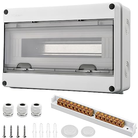 JEEJINYAN Sicherungskasten Aufputz IP65, 15 Module, 1-reihig | IP65-Aufputzgehäuse für 15 Module, 1-reihig; mit Klemmen und 3 Kabelverschraubungen; für Garten, Garage und Feuchtraum.