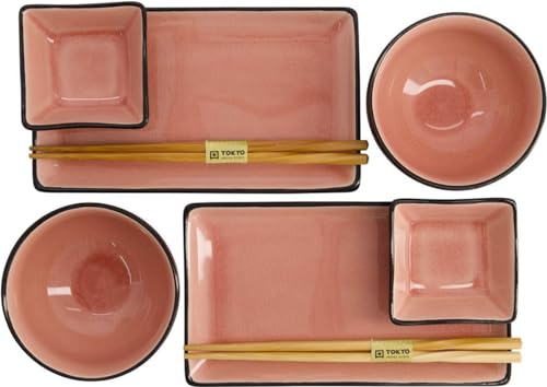 TOKYO design studio, Glassy Pink, Set mit 2 Tellern + 2 Saucen-Schalen + 2 Reis-Schalen+ 2 Paar Essstäbchen, 8-TLG., Steingut