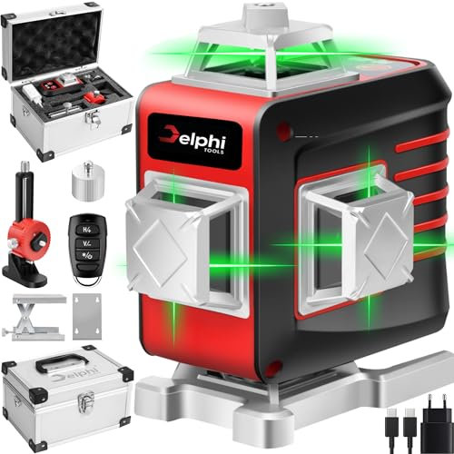 DELPHI Kreuzlinienlaser 4D 16 Linien 360° Grün Selbstnivellierend - Laser Wasserwaage mit USB-C Akku, Fernbedienung, Zusatzbatterie, IP54 für Baustelle, Renovierung und Innenbereich