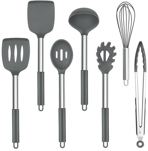 Homikit Küchenutensilien, 7 Stück Silikon Küchenhelfer Kochutensilien Set mit Edelstahlgriff, Antihaft Hitzebeständiger Kochbesteck zum Kochen, Lebensmittelqualität, Spülmaschinenfest, Grau