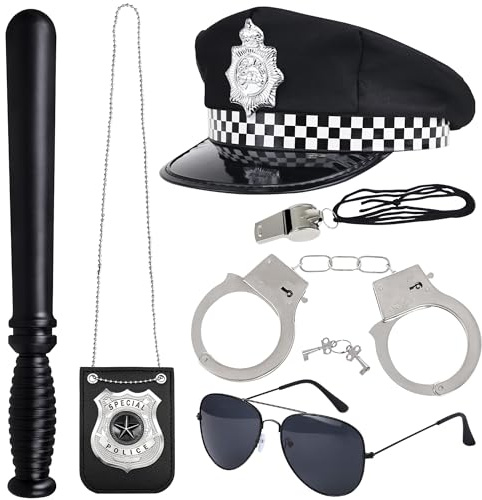 Orgoue 6 Piezas de Policía Accesorios de disfraces, Disfraz de Policía de Niños Niños Policía Juego de Disfraces con Gorra de Policía, Insignia, Esposas para Carnaval