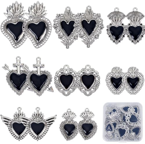 SUNNYCLUE 1 Box 16 Stück 8 Stile Gothic Charms Herz Jesu Charms Vintage Emaille Kreuz Liebesflügel Mexikanische Milagros Metall Charm Für Schmuckherstellung Charms Zubehör DIY Halskette Armband Ohrrin