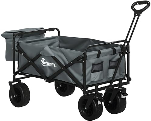 Outsunny Bollerwagen Faltbarer Transportwagen 100 kg Oxford Dunkelgrau | Lastenwagen mit Kühltasche, Strandwagen mit Ausziehbarem Griff, Gartenwagen