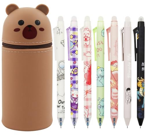 Meanju Radierbare Stifte Set,2 in 1 Federmäppchen mit 7 Stück Radierbarer Kugelschreiber,Ständer up Einziehbar Stifteköcher mit 0.5mm Blau löschbaren Gelstiften Für Schule Büro