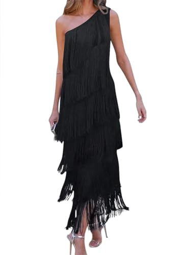 Onsoyours Abito da Sera da Donna Elegante Abito da Cocktail Senza Spalline con Scollo A V Abito Sexy con Frange con Nappa Abito Vintage Festivo A Nero M