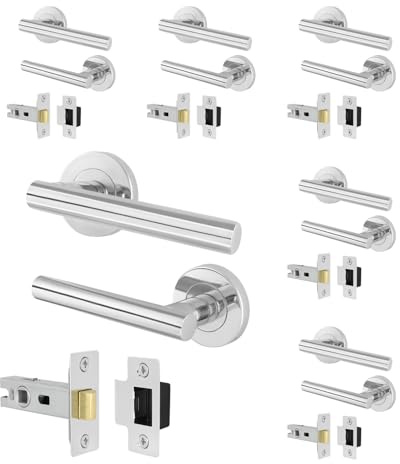 EAI Polished Chrome Door Handles with Latches, 6 Pack - Oliena | Complete Latch Kit with 6 Pairs of Round T-Bar Door Handles, 64mm Latches, Fixings Included