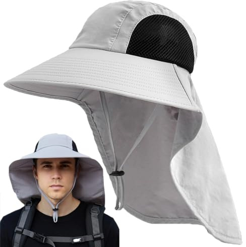 Sombrero para el sol para hombres y mujeres con solapa para el cuello, sombrero de pescador UPF 50+ protección UV para senderismo y pesca, sombrero de ala ancha para mujeres y hombres, gris claro, XXL