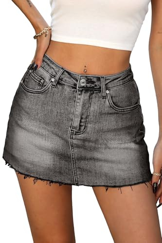 ELLEVEN Denim Skirt with Shorts Mini Skort - Casual Jean Skirts with Raw Hem & Pockets, Grey Black Denim, S