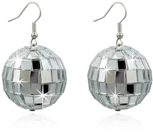 Discokugel Ohrringe - Mirror Ball Earrings, 70s Glitzer Kugel Hängend für Mädchen Damen, Disco Kostüm, 70er Jahre Accessoires