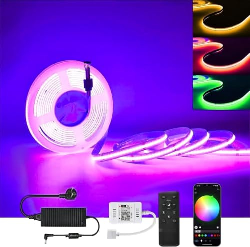 GEYUEYA Home 5M Wi-Fi LED Streifen COB - RGBW | 24V Mit Fernbedienung, Dimmbar, Timing Funktion, Musik-Sync, Dekoration für Küchenschränke, Feiertage
