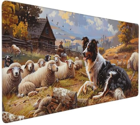 Gaming Mauspad XXL Schäferhund Mousepad 1000x500x4mm Schaf Verlängertes Mauspad Schreibtischauflage,Genähte Kanten Mauspad,Verbessert Präzision Geschwindigkeit Wasserdicht Geeignet für Büro und Spiele