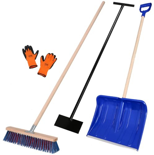 KOTARBAU® Set Schneeschaufel mit Holzgriff 135 cm Straßenbesen mit Stiel 150 cm Eisschaber 119 x 20 cm + Handschuhe Schneeschieber Schneeschaufel Holz Stiel zur Schneeräumung