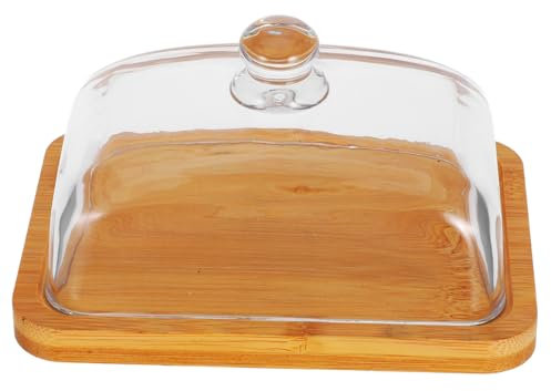 PRETYZOOM Mantequera Rectangular De Madera y Cristal Con Tapa Transparente, Recipiente Para Queso y Mantequilla, Plato Pequeño Para Tartas, Para Nevera y Servir Aperitivos,