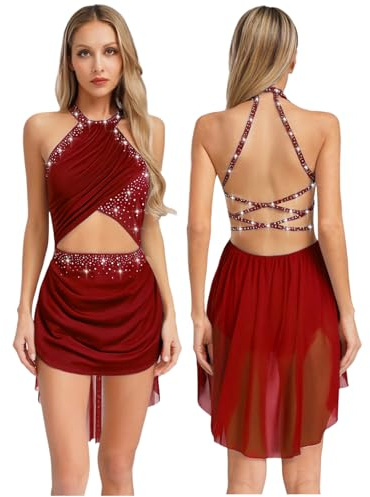 Jhaoyu Women's Lyrical Dance Dress Glittery Rhinestones Sleeveless Backless Leotard Dress Figure Skating Costume Burgundy S