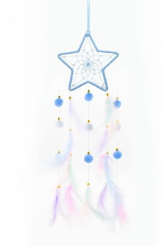 AfitLulu Atrapasueños pequeño luna y estrella colgante de pared decoración de la habitación atrapasueños hecho a mano plumas coloridas atrapasueños decoración dormitorio con perlas y bolas de peluche
