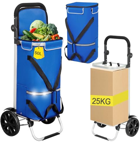 AMHANCIBLE Aluminium Shoppingvagn, 50 L Vikbar Kundvagn med Kylfack, 3 i 1 Shoppingväska med Hjul, Avtagbar Vattenavvisande Shoppingväska, Upp till 50 kg, Blå EHSC01BU