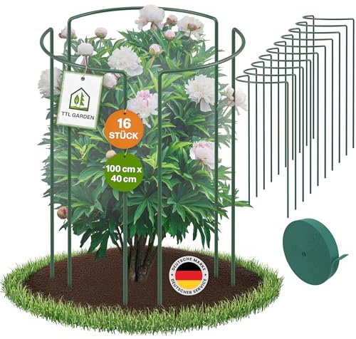 TTL GARDEN Strauchstützen 100cmx40cm 16er Set + Klettband - Pflanzenstütze | Stahl rostfrei Kunststoff beschichtet - Pflanzenhalter Staudenhalter Blumenhalter Hortensie Rose Pfingstrose Ø 5,5mm grün
