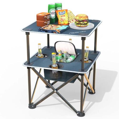 ARMOR CASTLE Folding Beach Table, Camping Table for Sand with Insulated Cooler Storage & 4 Cup Holders, Portable Pop Up Picnic Table, Lightweight Side Table for Outdoor
