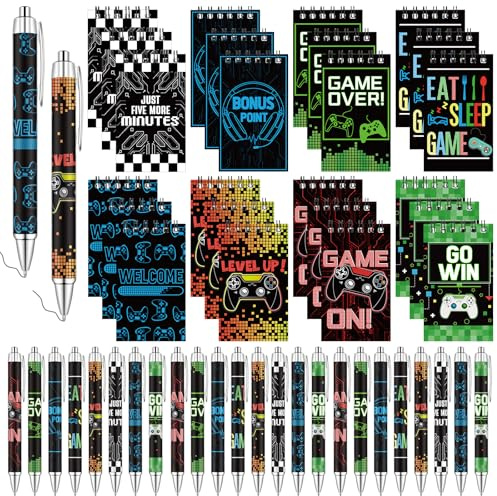 24 Sets Video Gaming Party Bag Fillers Party Favours Pens and Mini Notepads | Video Game Mini Notebook and Ballpoint Pens Sets for Birthday Supplies Goodie Bag Fillers Classroom Prizes