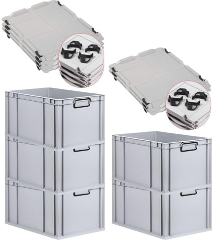 PROREGAL SparSet 5x Eurobox NextGen Color mit Auflagedeckel und Schiebeschnappverschlüsse, HxBxT 32x40x60cm, 65L, Grau, Griffe schwarz zu, Eurobehälter, Transportbox, Transportbehälter