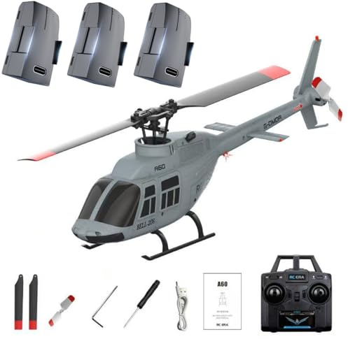 ExploTex A60 1:42-Maßstab RC Helikopter, BELL206 90-Klasse 2,4G 4-Kanal Einzelrotor-Schwungarmfreier Mini-Ferngesteuerter Hubschrauber Für Erwachsene, Mit Optical-Flow-Höhenhalt (RTF-Version/Grau)