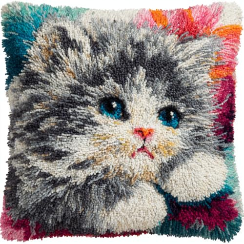 YarnAdventures Tier Katze Knüpfkissen-Set,Ein süßes Kätzchen,knüpfkissen Set für Anfänger Erwachsene oder Kinder zum Selber Knüpfen,Knüpfpackung Knüpfset Kissen,17x17in