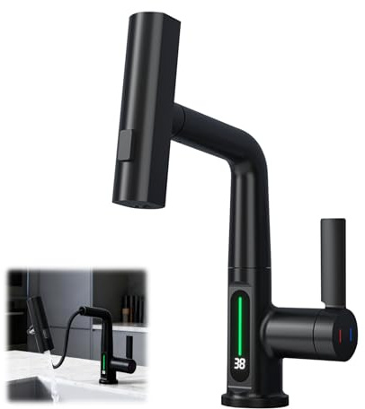 Rubinetto Cucina con Doccetta Estraibile, Rubinetto Bagno con Display Digitale a LED 3 Modalità Rubinetti Lavello Bagno Monocomando Girevole a 360° Altezza Regolabile Nero