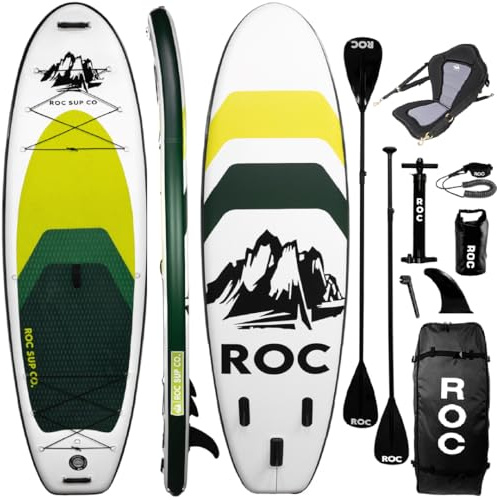 Roc Inflatable Stand Up Paddle Board 10' 6 with Premium SUP Paddle Board Accessories, Wide Stable Design, Non-Slip Comfort Deck for Youth & Adults (Lime W/Kayak Seat)