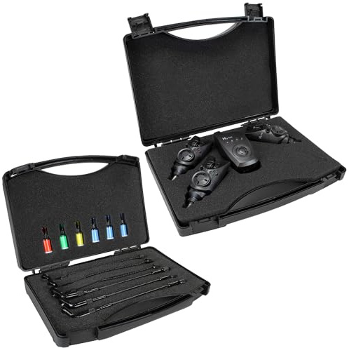 BAT Tackle Funk Bissanzeiger Set Hy-Tec 3+1 im Koffer inkl. Indicator System 3+3 – Funkbissanzeiger mit 150 m Reichweite, LED-Nachleuchtfunktion, Ton- und Lautstärkeregelung, Edelstahlgewinde